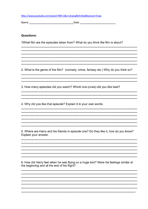 Movie Worksheets: Harry Potter ( Extracts)