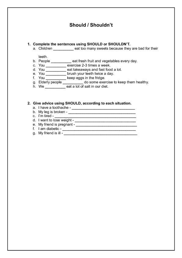 exercise should have must to english 107 to Should/Ought Worksheets FREE