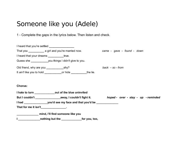 Song Collocations Worksheet Someone Like You