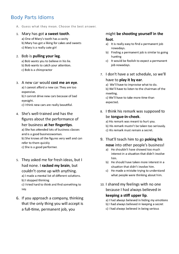 worksheet idiom questions Body idioms In Parts