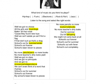 School's Out - Alice Cooper, Song Worksheet
