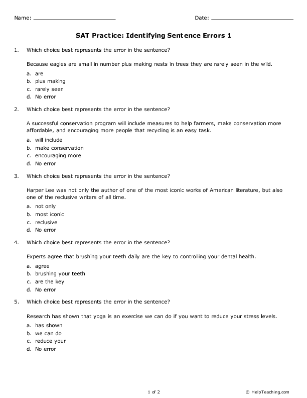 Sat Practice Identifying Sentence Errors