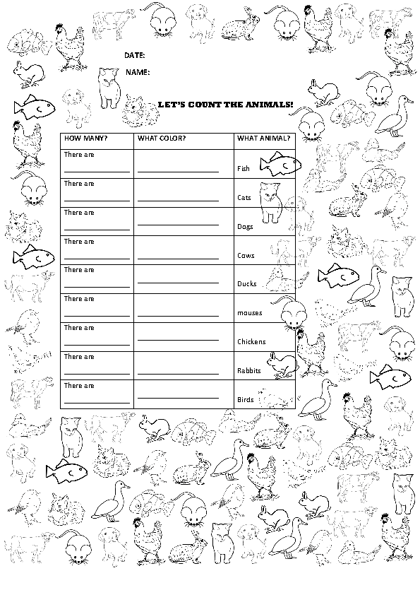 Animals, Numbers, and Colours - Worksheet and Game