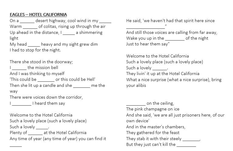 Eagles Hotel California Lyric And Song Theory
