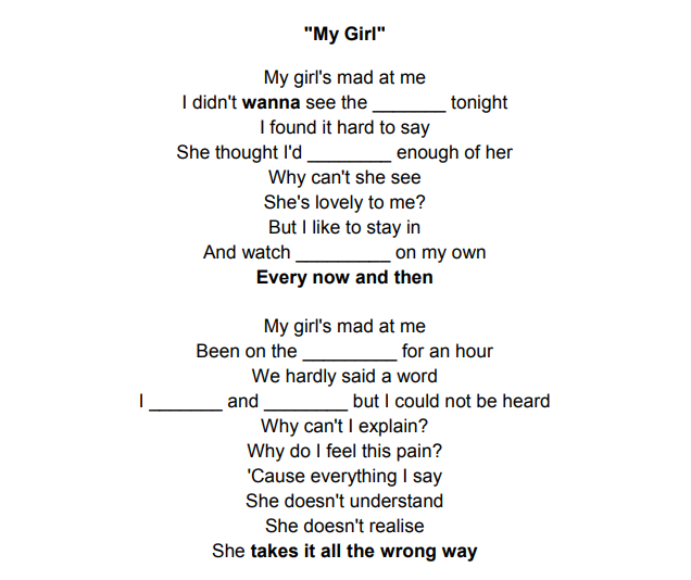 Песни на английском боль. Song gap fill. English Songs Lyrics. English Songs with gaps. Gap filling exercises for Songs.