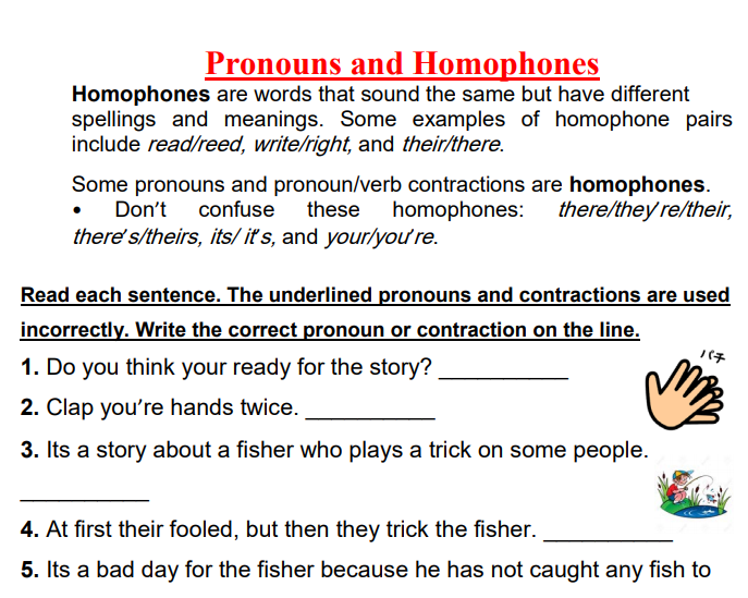 pronouns and homophones worksheet