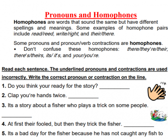 Pronouns and Homophones Worksheet