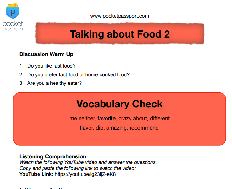 Talk about food. Discussion questions about food. Talking about food. Vocabulary check. Listening Comprehension food.