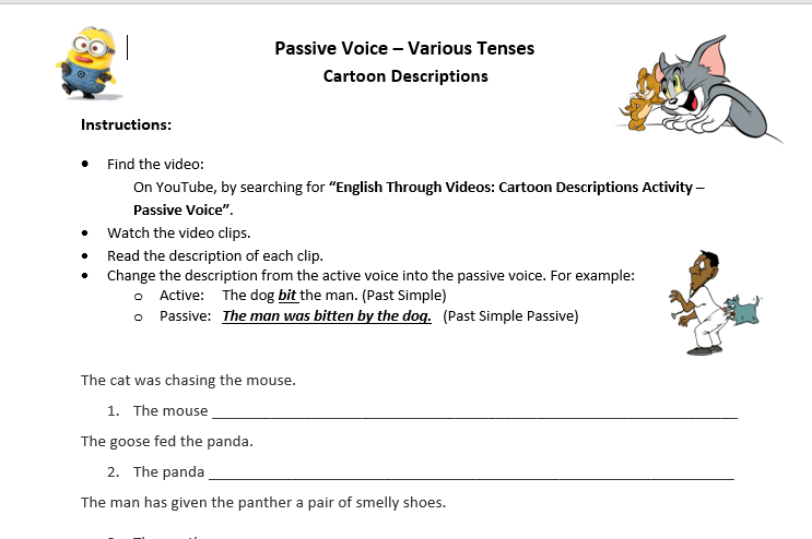 Passive Voice Video Activity - Cartoon Clip Descriptions