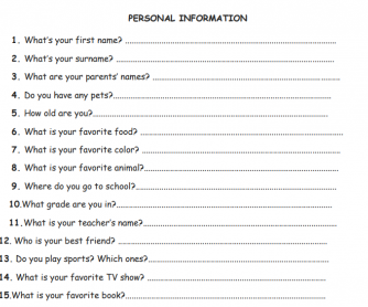 Personal Information Question Sheet