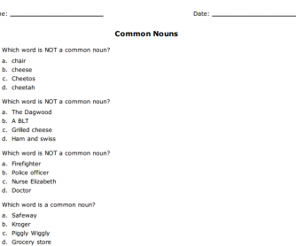 Common Nouns Lesson and Worksheet