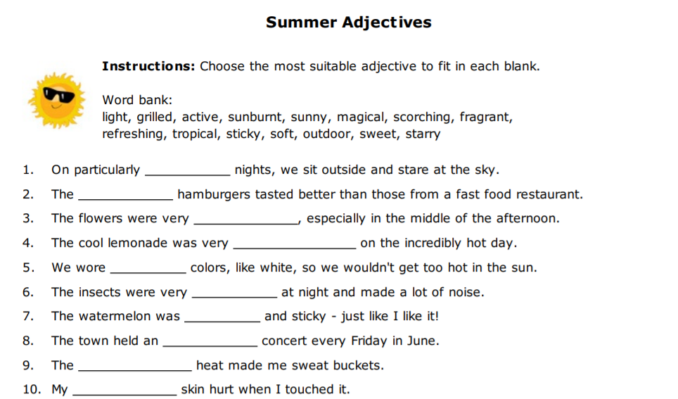Holiday adjectives. Summer adjectives. Adjectives about Summer. Order of adjectives Worksheets. Order of adjectives Worksheets 8 класс.