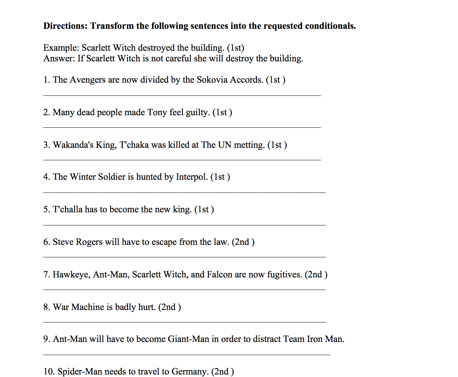 Avengers Civil War Conditionals Worksheet Within Conditional Statements Worksheet With Answers