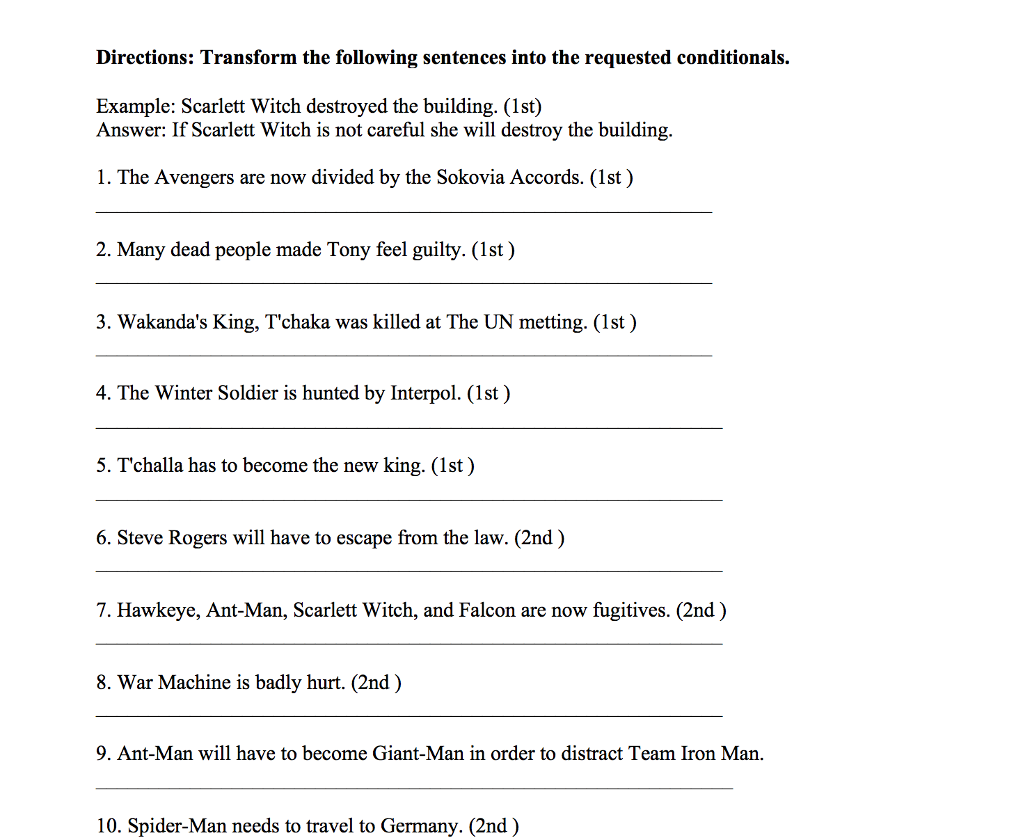 Avengers Civil War Conditionals Worksheet With Regard To Conditional Statements Worksheet With Answers