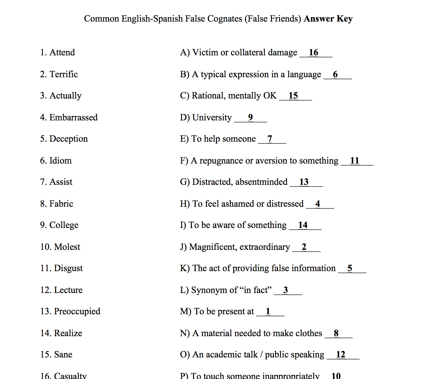 False Cognates for Spanish Speakers Worksheet