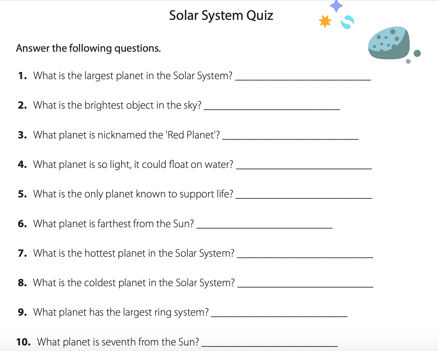 solar system chapter quiz for kids