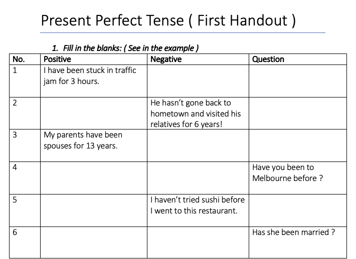 Present Perfect Worksheet No 1 Suitable for Children and Adults