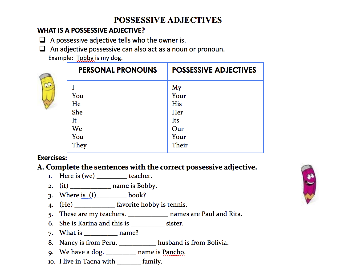 20 FREE Possessive Case Worksheets Inside Possessive Adjective Spanish Worksheet