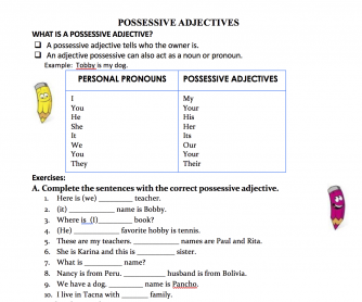 Possessive Adjectives Sentence Completion and Ordering
