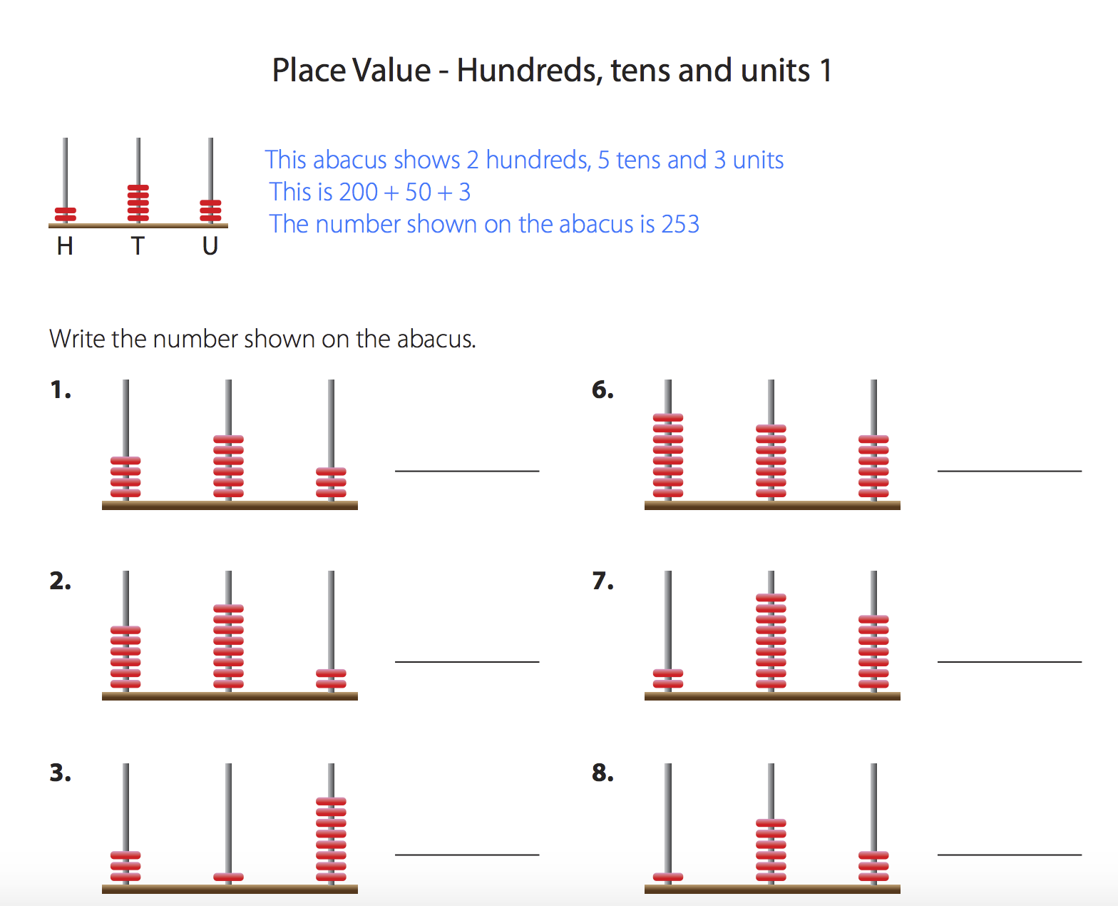 Place Value - Hundreds, Tens and Units (Reading an Abacus) In Ones Tens Hundreds Worksheet