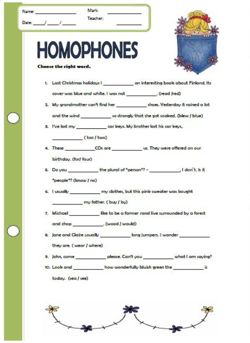 Homophone Worksheet Example
