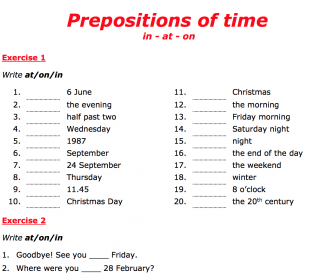 Prepositions of time (in, at, on)