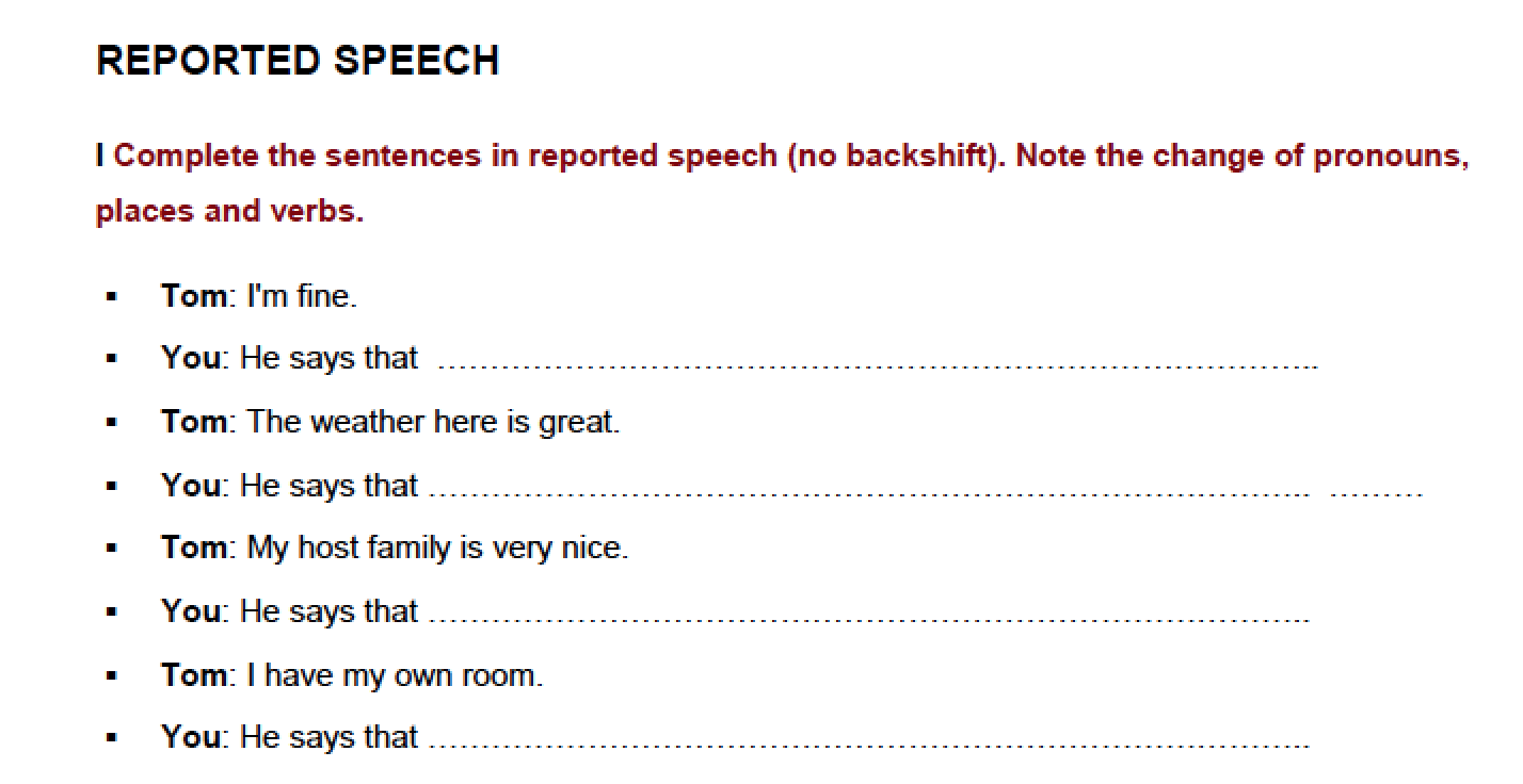 exercises reported speech pdf