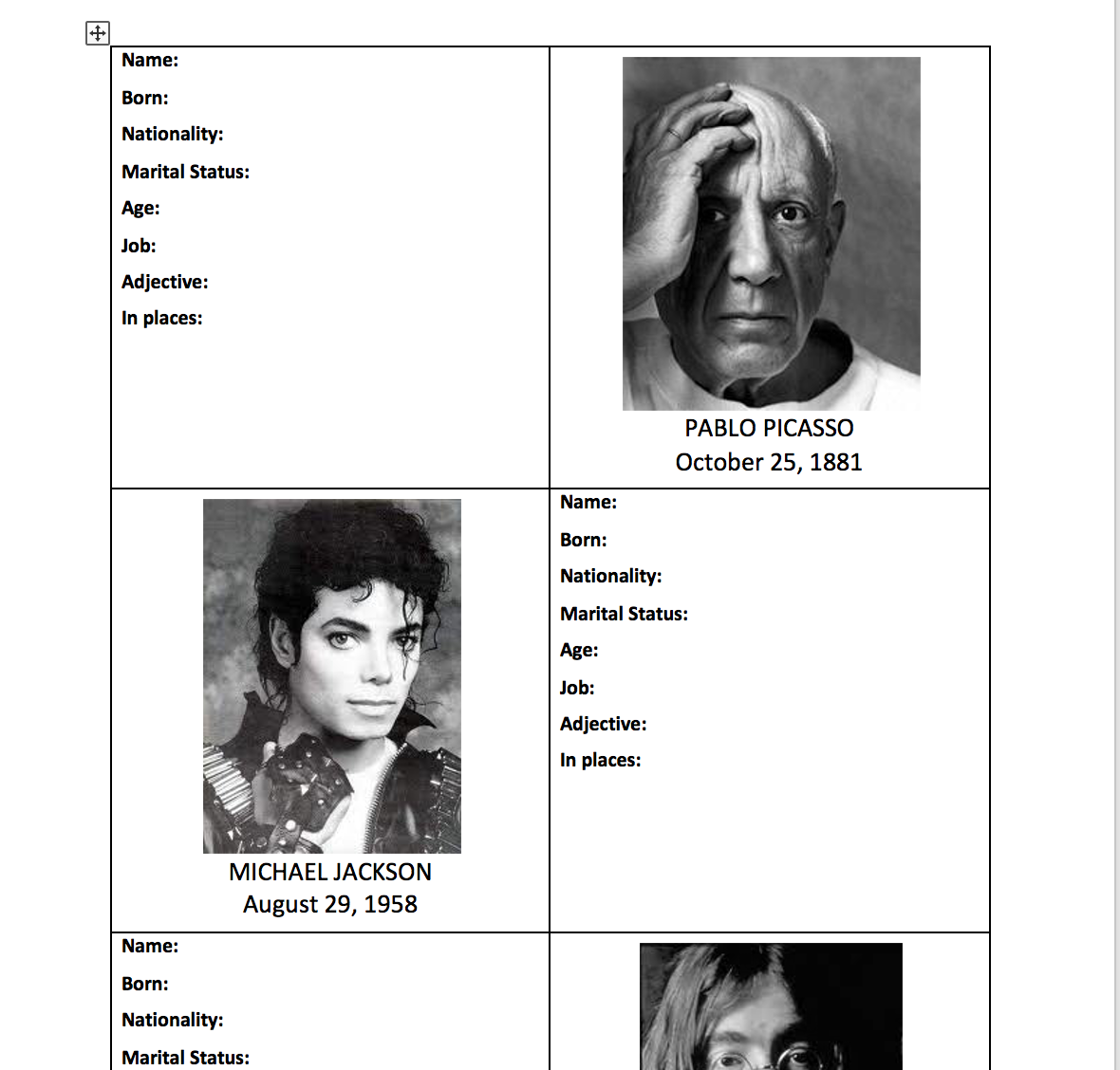 biographies with worksheets