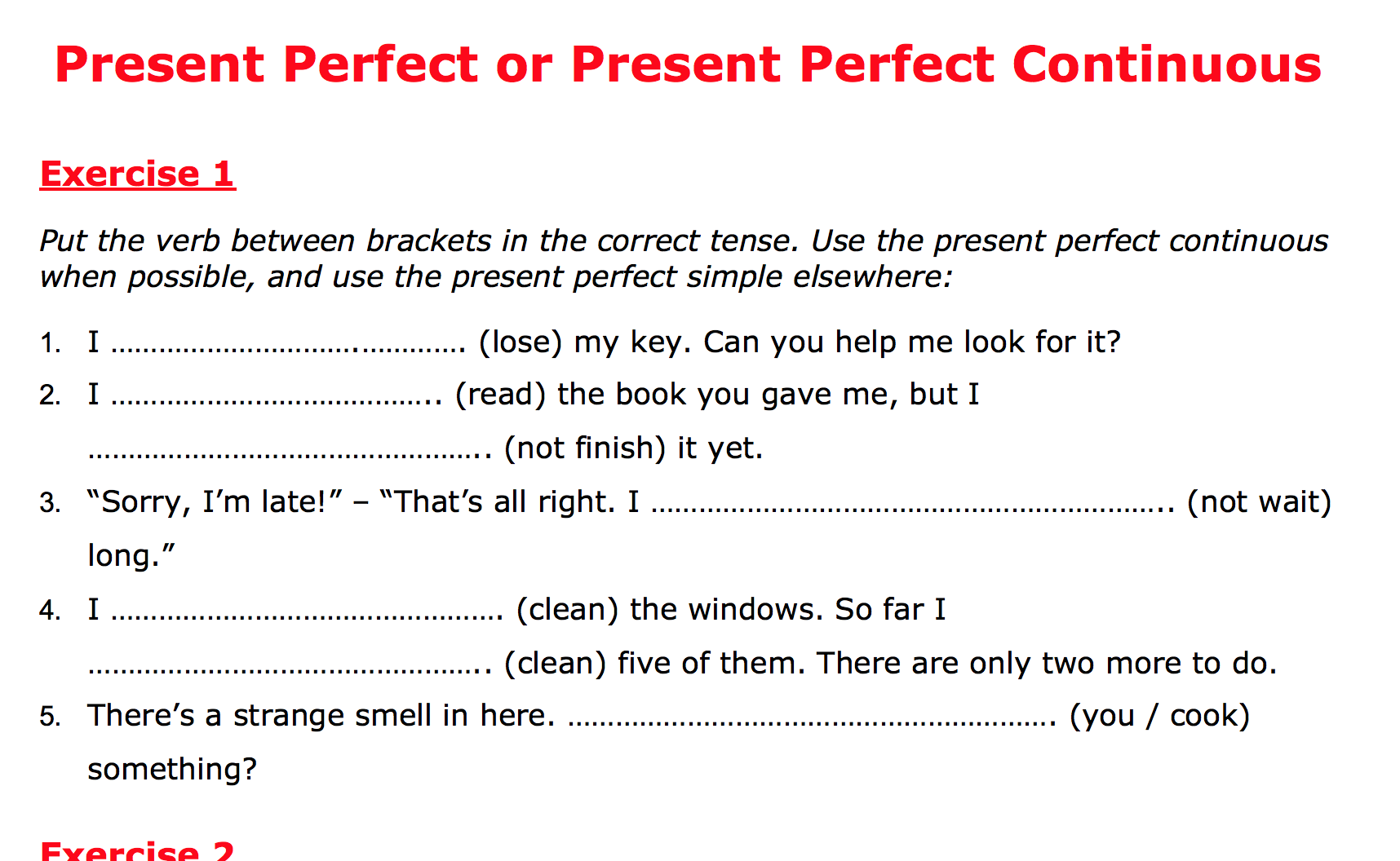Free Present Perfect Continuous Worksheets